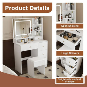 English Elm Fashion Vanity Desk with LED Mirror Five Drawers Built-In Outlet and Matching Stool White W509P523114