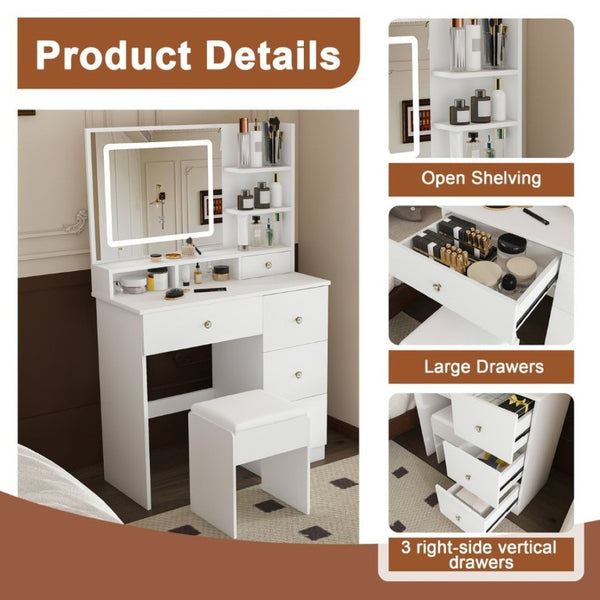 English Elm Fashion Vanity Desk with LED Mirror Five Drawers Built-In Outlet and Matching Stool White W509P523114