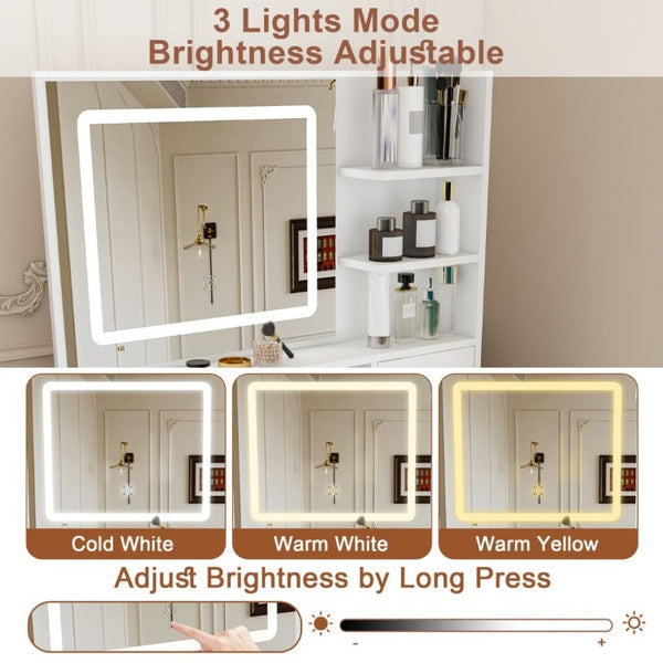 English Elm Fashion Vanity Desk with LED Mirror Five Drawers Built-In Outlet and Matching Stool White W509P523114