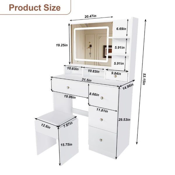 English Elm Fashion Vanity Desk with LED Mirror Five Drawers Built-In Outlet and Matching Stool White W509P523114