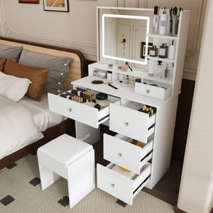 English Elm Fashion Vanity Desk with LED Mirror Five Drawers Built-In Outlet and Matching Stool White W509P523114