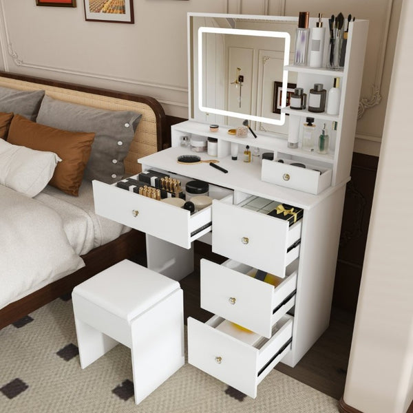 English Elm Fashion Vanity Desk with LED Mirror Five Drawers Built-In Outlet and Matching Stool White W509P523114