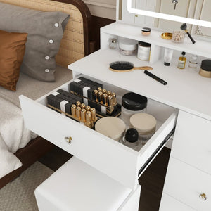 English Elm Fashion Vanity Desk with LED Mirror Five Drawers Built-In Outlet and Matching Stool White W509P523114