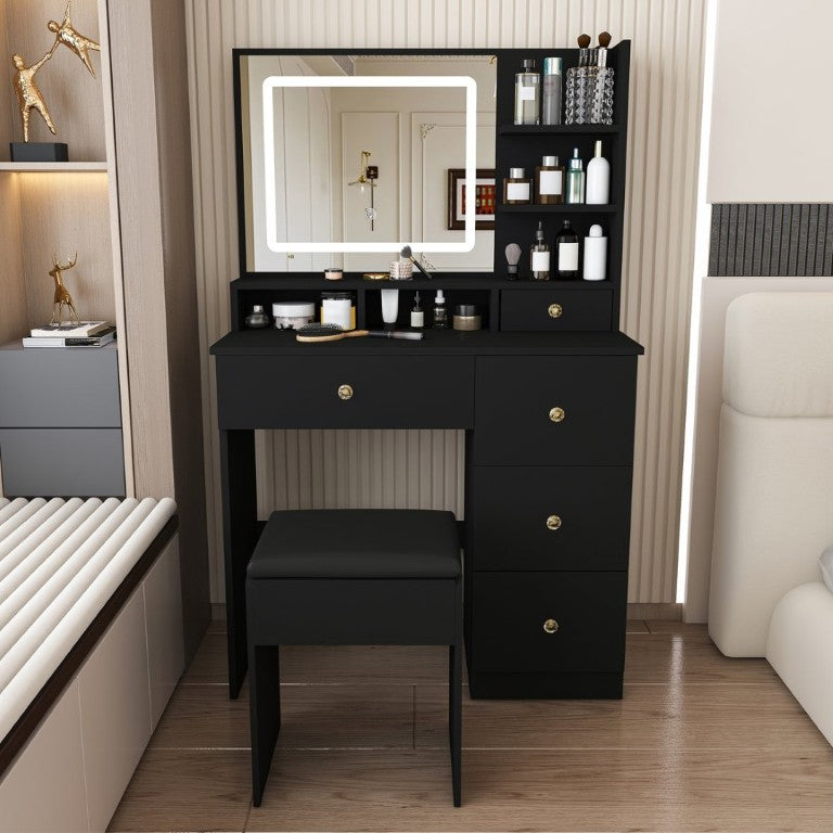 English Elm Fashion Vanity Desk with LED Mirror Five Drawers Built-In Outlet and Matching Stool Black W509P523115