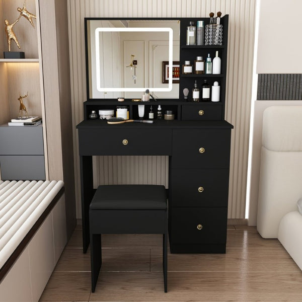 English Elm Fashion Vanity Desk with LED Mirror Five Drawers Built-In Outlet and Matching Stool Black W509P523115