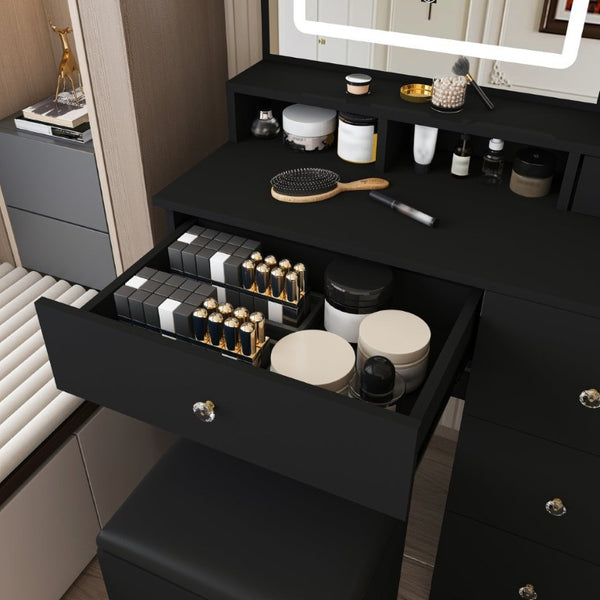 English Elm Fashion Vanity Desk with LED Mirror Five Drawers Built-In Outlet and Matching Stool Black W509P523115