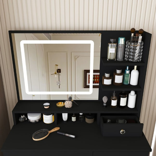 English Elm Fashion Vanity Desk with LED Mirror Five Drawers Built-In Outlet and Matching Stool Black W509P523115