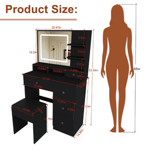 English Elm Fashion Vanity Desk with LED Mirror Five Drawers Built-In Outlet and Matching Stool Black W509P523115