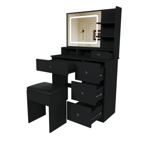 English Elm Fashion Vanity Desk with LED Mirror Five Drawers Built-In Outlet and Matching Stool Black W509P523115