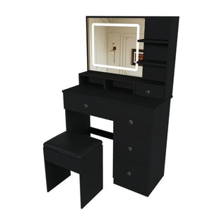 English Elm Fashion Vanity Desk with LED Mirror Five Drawers Built-In Outlet and Matching Stool Black W509P523115