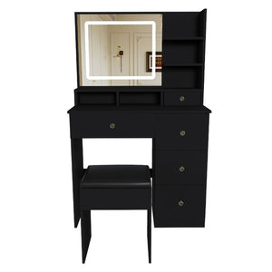 English Elm Fashion Vanity Desk with LED Mirror Five Drawers Built-In Outlet and Matching Stool Black W509P523115
