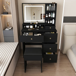 English Elm Fashion Vanity Desk with LED Mirror Five Drawers Built-In Outlet and Matching Stool Black W509P523115