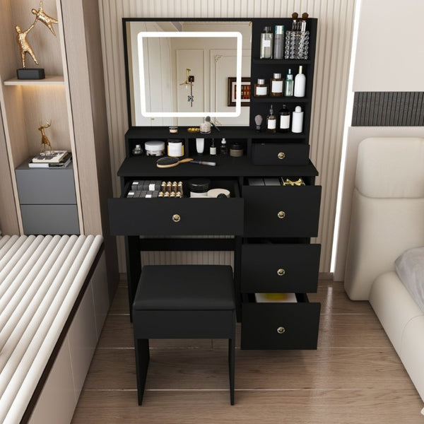 English Elm Fashion Vanity Desk with LED Mirror Five Drawers Built-In Outlet and Matching Stool Black W509P523115