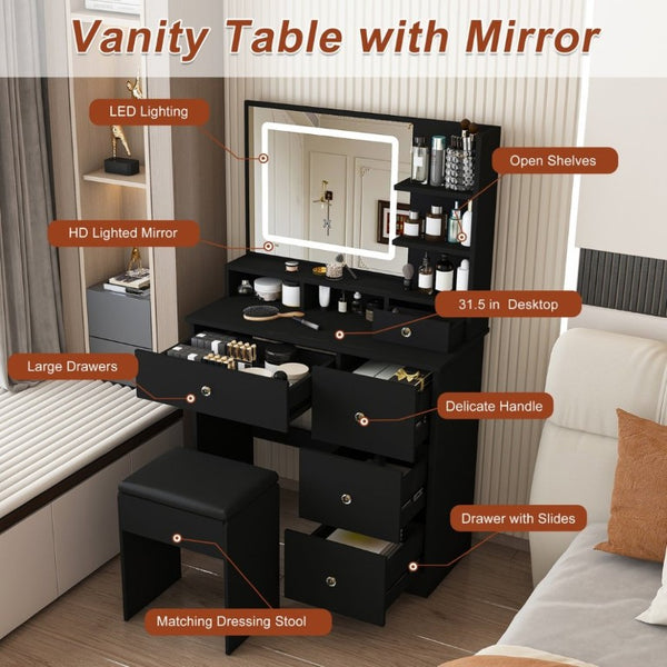 English Elm Fashion Vanity Desk with LED Mirror Five Drawers Built-In Outlet and Matching Stool Black W509P523115