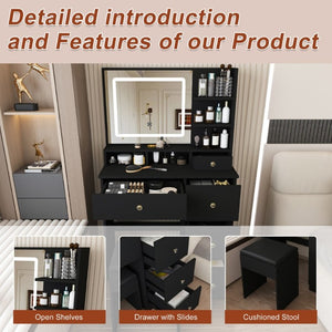 English Elm Fashion Vanity Desk with LED Mirror Five Drawers Built-In Outlet and Matching Stool Black W509P523115