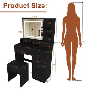 English Elm Fashion Vanity Desk with LED Mirror Five Drawers Built-In Outlet and Matching Stool Black W509P523115