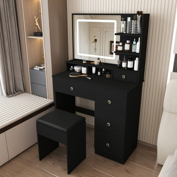 English Elm Fashion Vanity Desk with LED Mirror Five Drawers Built-In Outlet and Matching Stool Black W509P523115