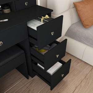 English Elm Fashion Vanity Desk with LED Mirror Five Drawers Built-In Outlet and Matching Stool Black W509P523115