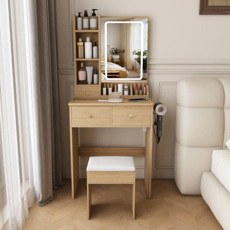 English Elm Modern Glossy Black Vanity Desk with LED Lighting Three Drawers and Dressing Chair W509P527201