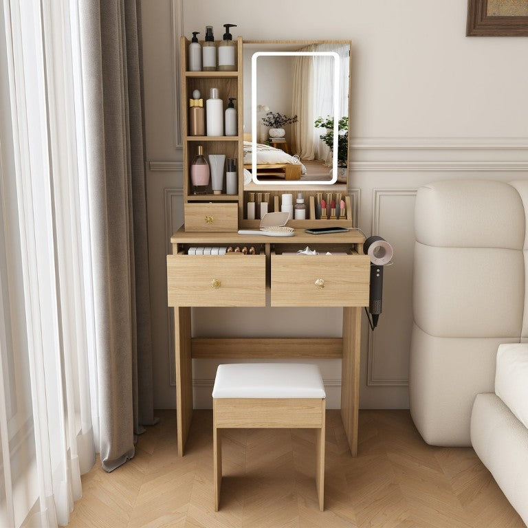 English Elm Modern Glossy Black Vanity Desk with LED Lighting Three Drawers and Dressing Chair W509P527201