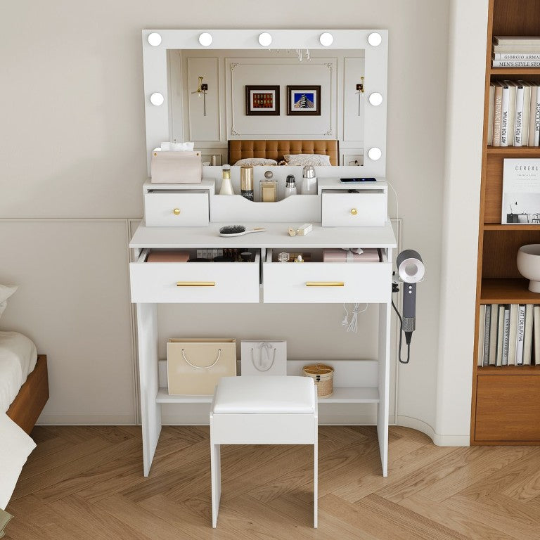 English Elm Makeup Vanity Desk with Hollywood Bulbs Large Mirror Four Drawers and Built-In Power Outlet White W509P556492