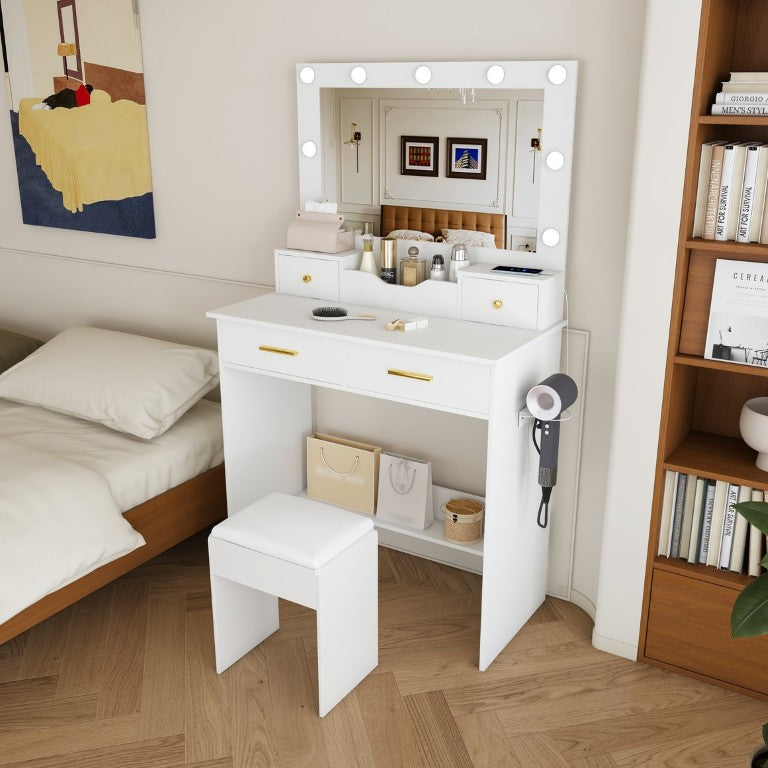 English Elm Makeup Vanity Desk with Hollywood Bulbs Large Mirror Four Drawers and Built-In Power Outlet White W509P556492