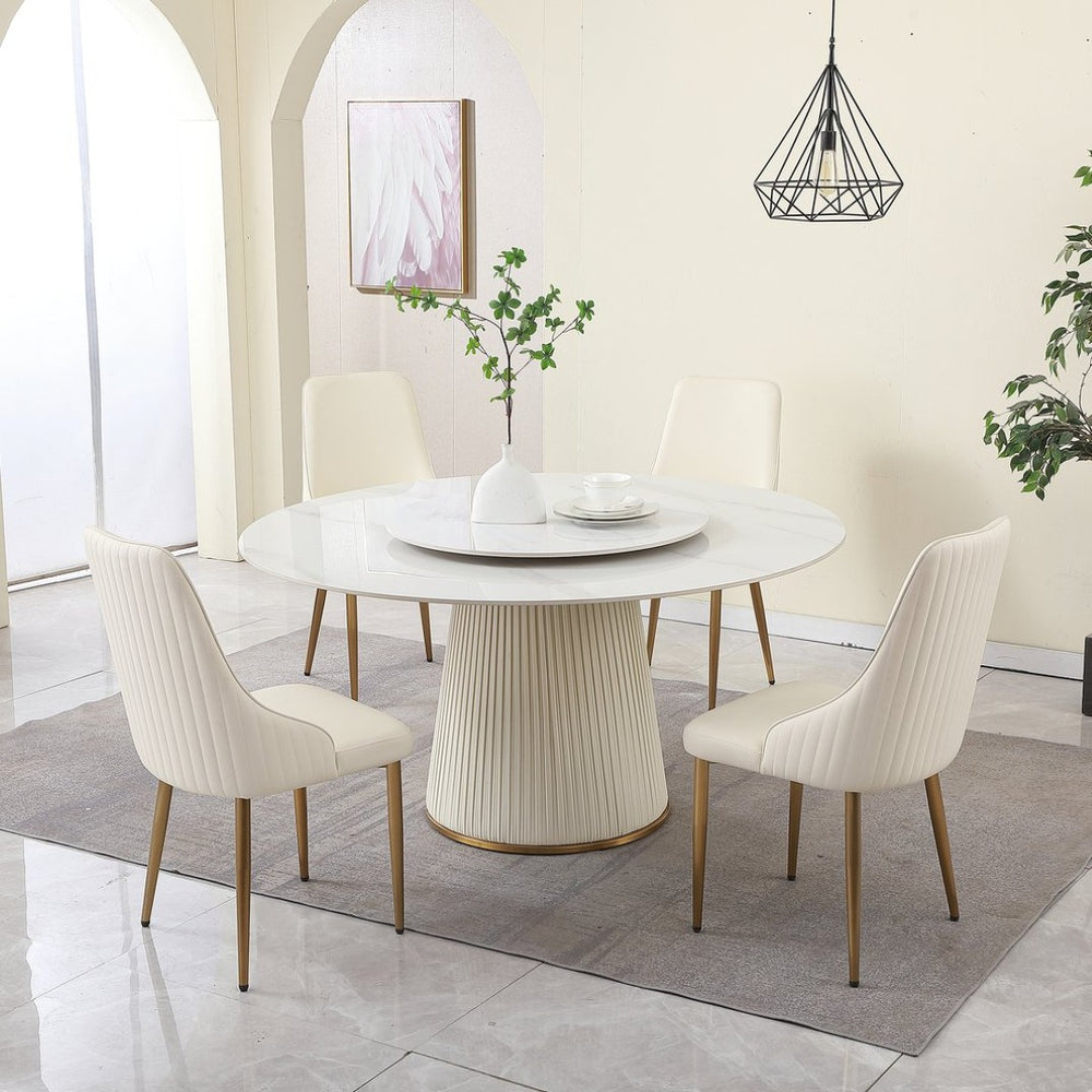 English Elm 59"modern Sintered Stone Round Table Lazy Susan Pedestal Seats 8 Wood Metal Base W509S00072