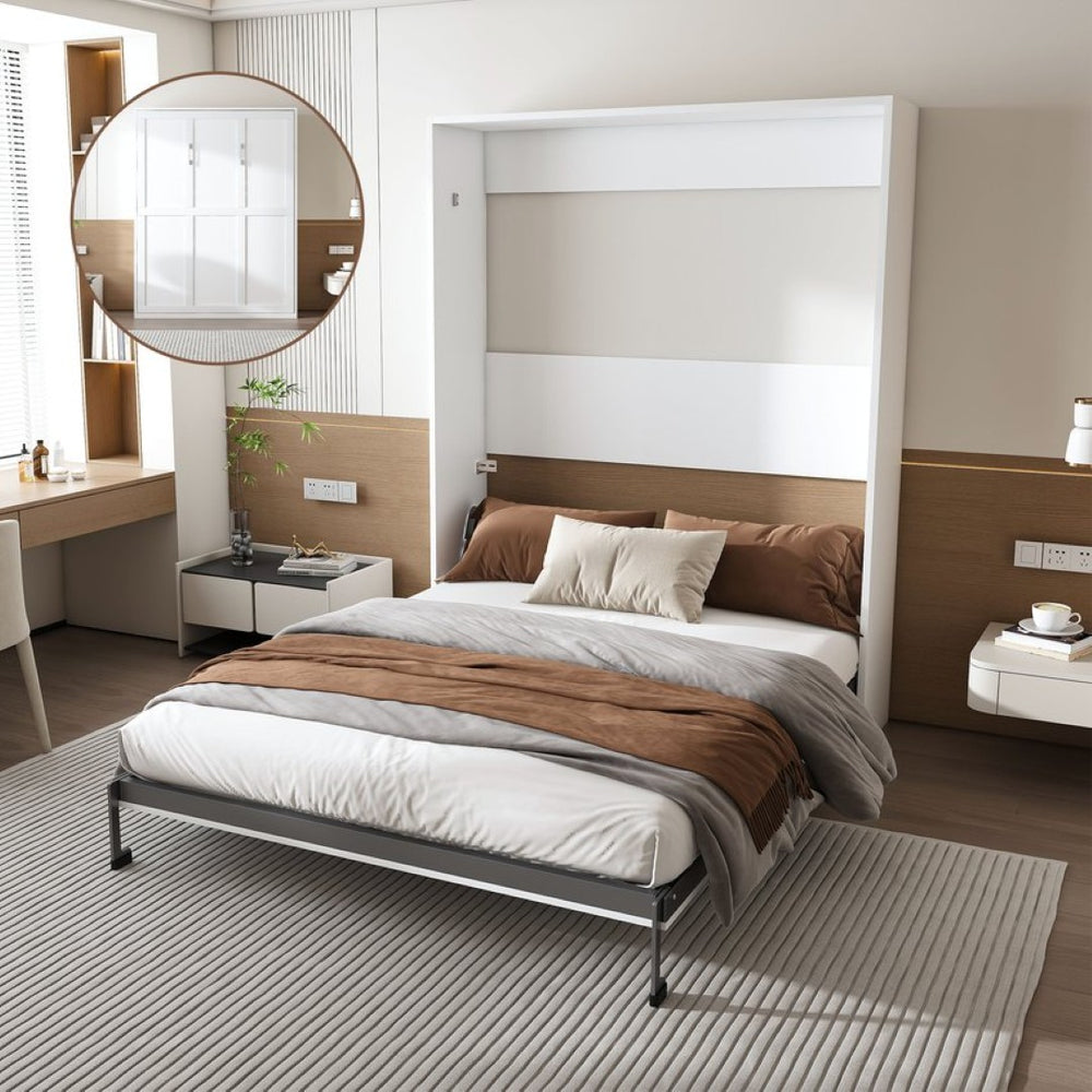 English Elm Queen Murphy Wall Bed Foldable Cabinet with Hydraulic Assist and Solid Wood Slats W509S00175