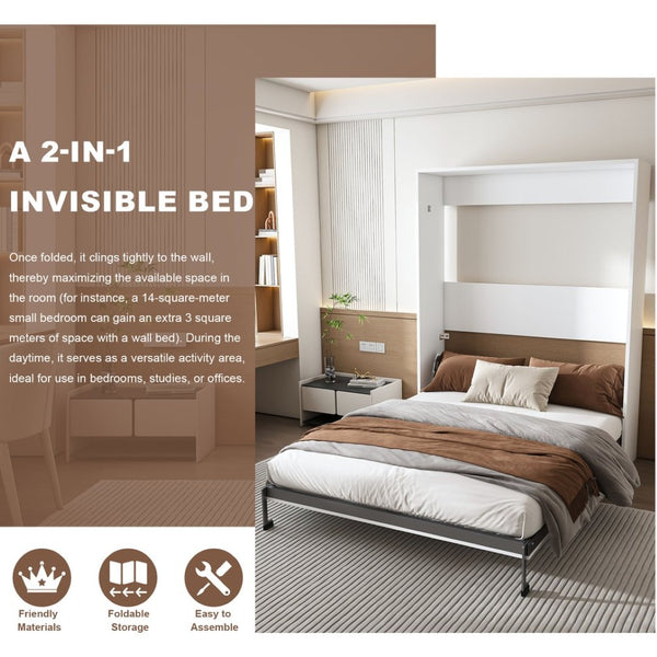 English Elm Queen Murphy Wall Bed Foldable Cabinet with Hydraulic Assist and Solid Wood Slats W509S00175