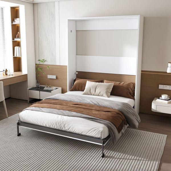 English Elm Queen Murphy Wall Bed Foldable Cabinet with Hydraulic Assist and Solid Wood Slats W509S00175