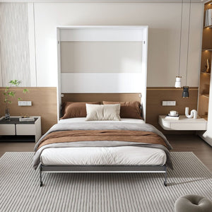 English Elm Queen Murphy Wall Bed Foldable Cabinet with Hydraulic Assist and Solid Wood Slats W509S00175