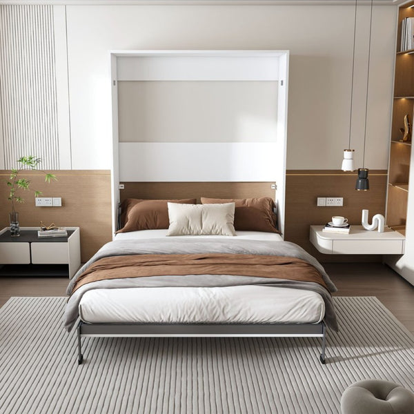 English Elm Queen Murphy Wall Bed Foldable Cabinet with Hydraulic Assist and Solid Wood Slats W509S00175