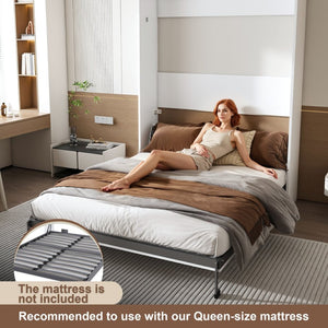 English Elm Queen Murphy Wall Bed Foldable Cabinet with Hydraulic Assist and Solid Wood Slats W509S00175