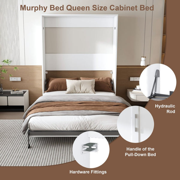 English Elm Queen Murphy Wall Bed Foldable Cabinet with Hydraulic Assist and Solid Wood Slats W509S00175