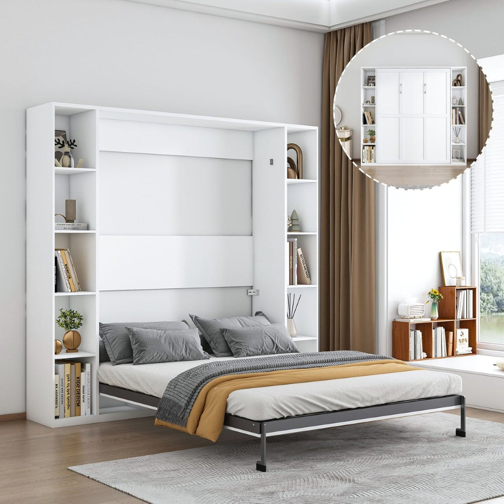 English Elm Queen Murphy Wall Bed with Integrated Storage Cabinet and Solid Wood Slat Support W509S00176