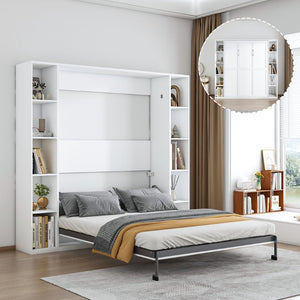 English Elm Queen Murphy Wall Bed with Integrated Storage Cabinet and Solid Wood Slat Support W509S00176