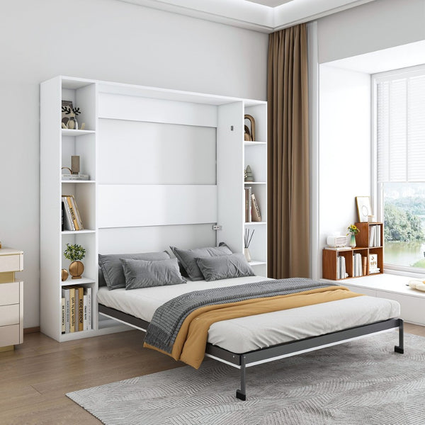 English Elm Queen Murphy Wall Bed with Integrated Storage Cabinet and Solid Wood Slat Support W509S00176
