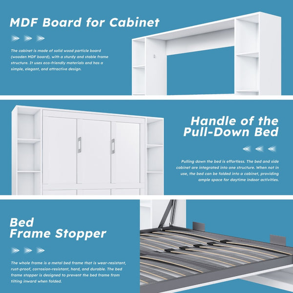 English Elm Queen Murphy Wall Bed with Integrated Storage Cabinet and Solid Wood Slat Support W509S00176