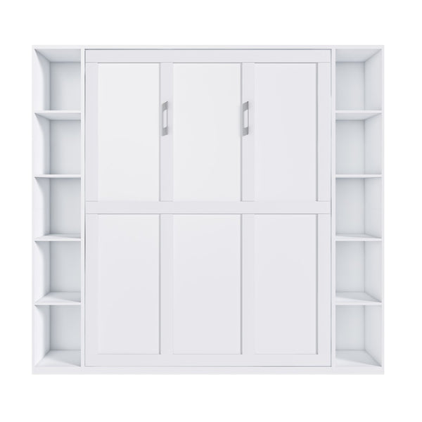 English Elm Queen Murphy Wall Bed with Integrated Storage Cabinet and Solid Wood Slat Support W509S00176