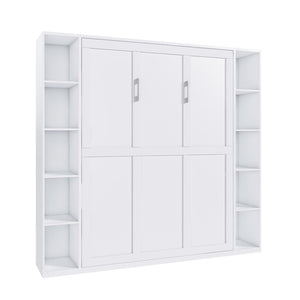 English Elm Queen Murphy Wall Bed with Integrated Storage Cabinet and Solid Wood Slat Support W509S00176