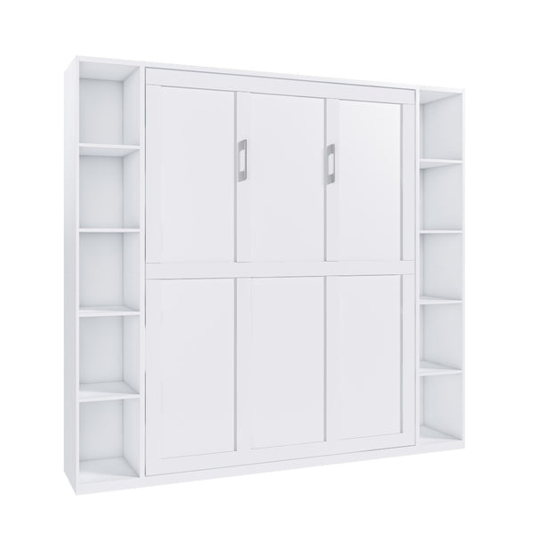 English Elm Queen Murphy Wall Bed with Integrated Storage Cabinet and Solid Wood Slat Support W509S00176