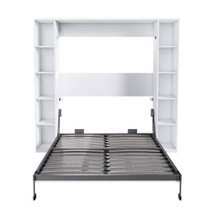 English Elm Queen Murphy Wall Bed with Integrated Storage Cabinet and Solid Wood Slat Support W509S00176