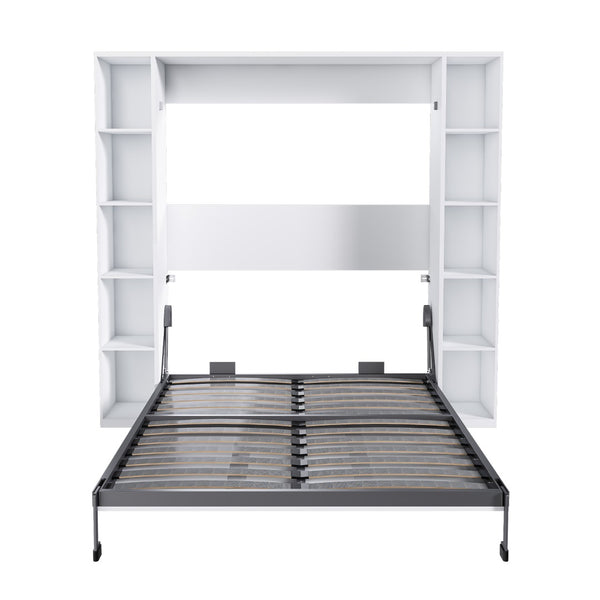 English Elm Queen Murphy Wall Bed with Integrated Storage Cabinet and Solid Wood Slat Support W509S00176