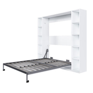 English Elm Queen Murphy Wall Bed with Integrated Storage Cabinet and Solid Wood Slat Support W509S00176