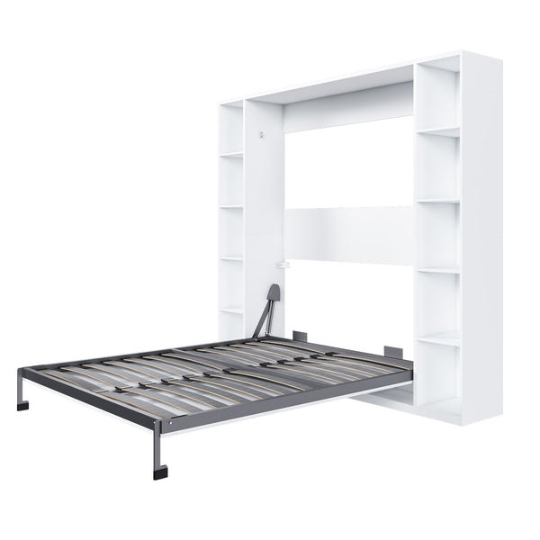 English Elm Queen Murphy Wall Bed with Integrated Storage Cabinet and Solid Wood Slat Support W509S00176
