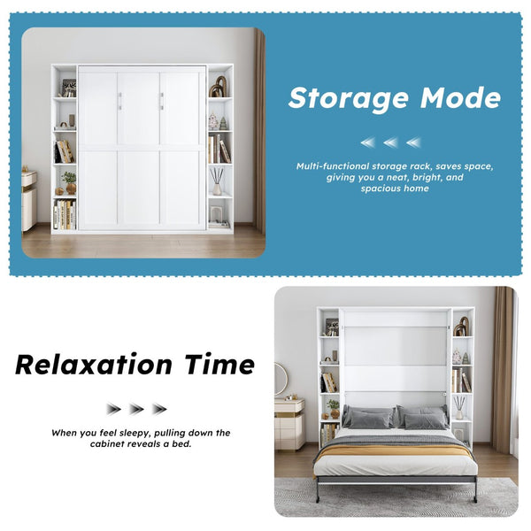 English Elm Queen Murphy Wall Bed with Integrated Storage Cabinet and Solid Wood Slat Support W509S00176