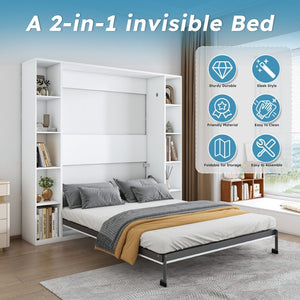 English Elm Queen Murphy Wall Bed with Integrated Storage Cabinet and Solid Wood Slat Support W509S00176