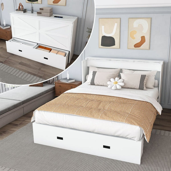 English Elm 57 Inch Foldable Murphy Bed Cabinet with Charging Station Built in Storage Drawers White W509S00187
