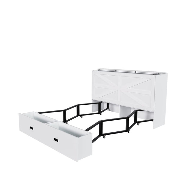 English Elm 57 Inch Foldable Murphy Bed Cabinet with Charging Station Built in Storage Drawers White W509S00187