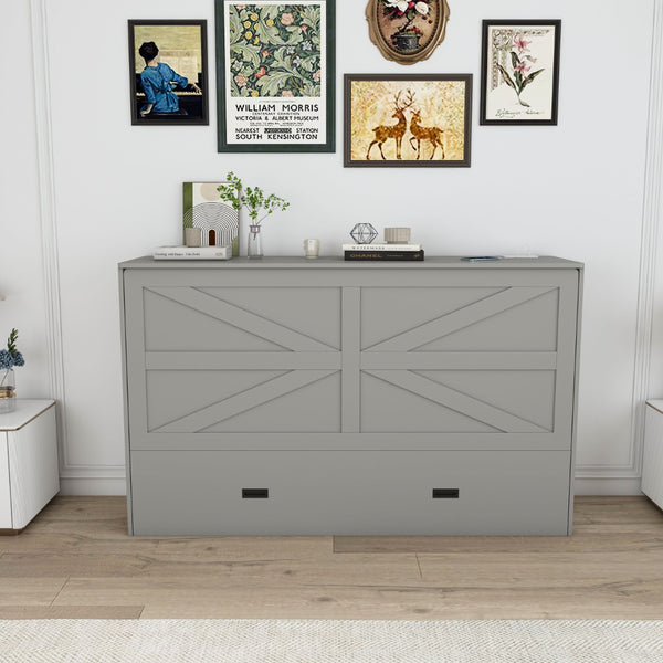 English Elm 57 Inch Foldable Murphy Bed Cabinet with Charging Station Built in Storage Drawers Gray W509S00188